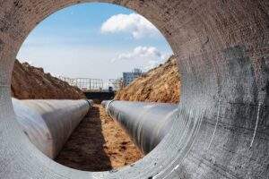 Large underground drainage pipes installed in a trench, part of preparing commercial sites for summer construction with proper drainage infrastructure.